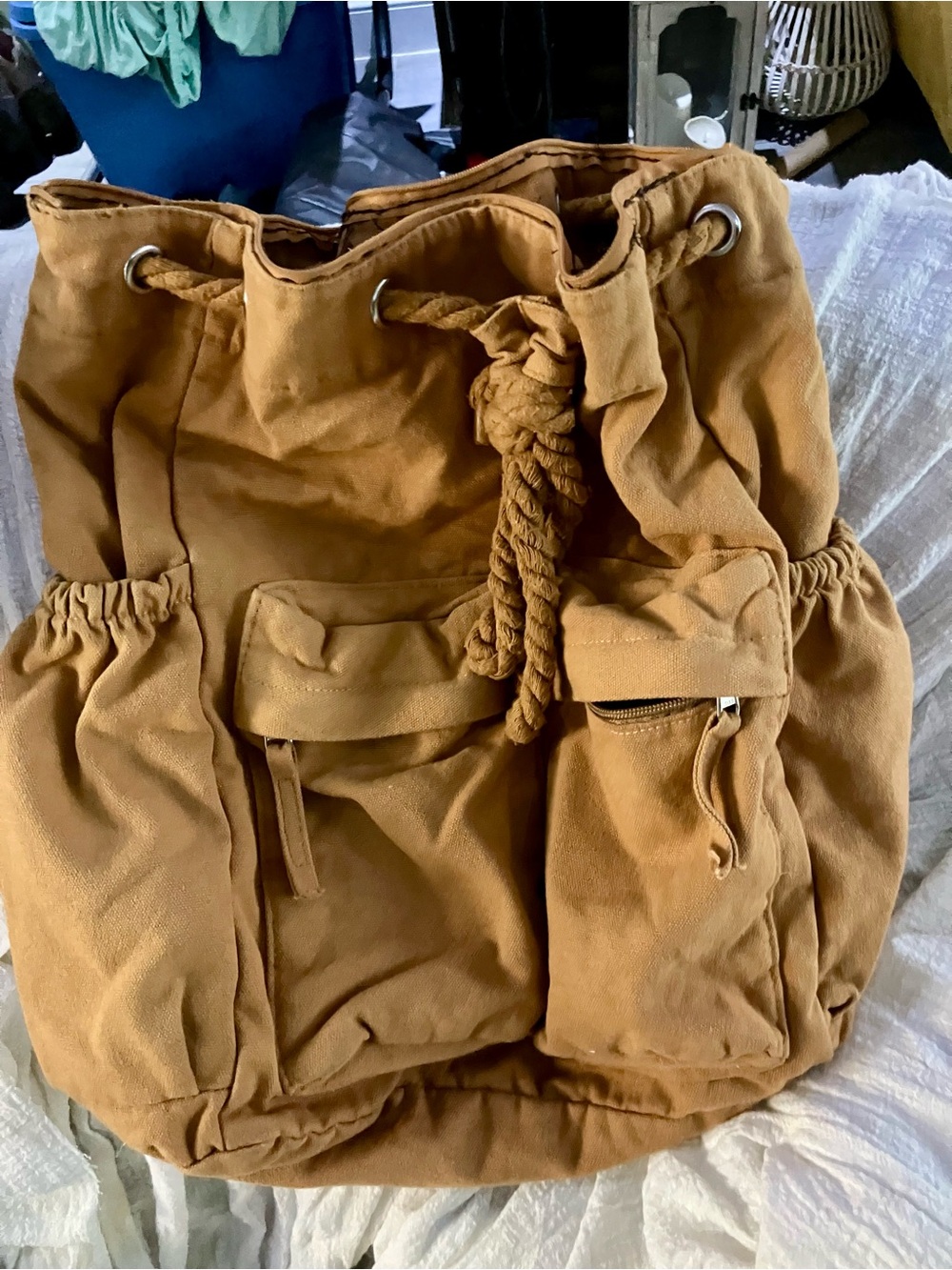 Canvas Drawstring Backpack Tote - Tan